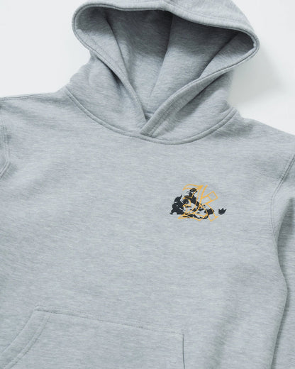 Kingz Jiu Jitsu Culture Youth Hoodie - Chest Graphic Close Up - Gold Grappling Figures - Heather Grey - Youth BJJ Hoodie