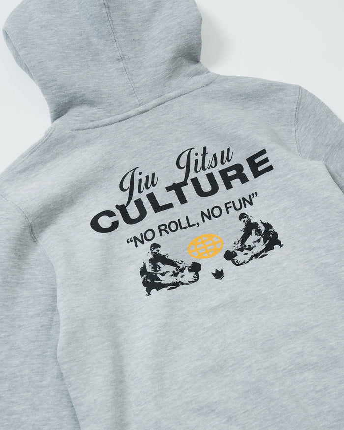 Kingz Jiu Jitsu Culture Youth Hoodie - Back Print Close Up - No Roll No Fun Grapplers - Heather Grey - Youth BJJ Hoodie