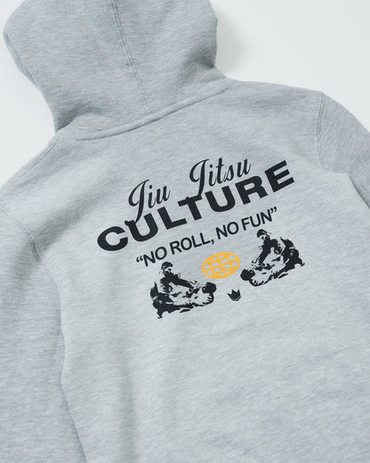 Kingz Jiu Jitsu Culture Youth Hoodie - Back Print Close Up - No Roll No Fun Grapplers - Heather Grey - Youth BJJ Hoodie