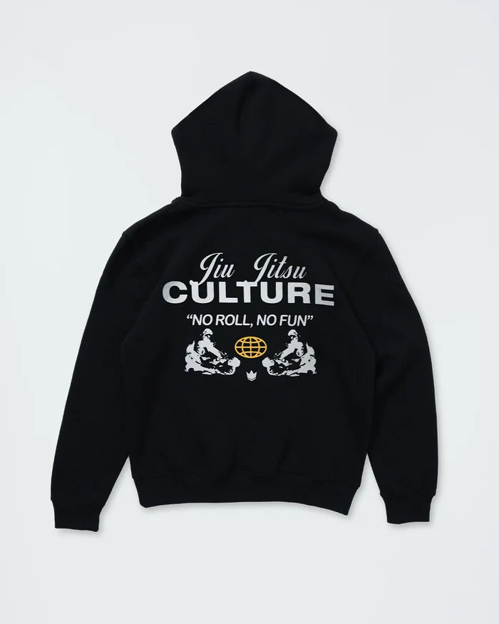 Kingz Jiu Jitsu Culture Youth Hoodie - Flat Lay Back - No Roll No Fun Culture Print - Black - Youth BJJ Hoodie [color:Black]