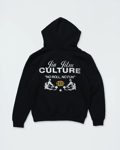 Kingz Jiu Jitsu Culture Youth Hoodie - Flat Lay Back - No Roll No Fun Culture Print - Black - Youth BJJ Hoodie [color:Black]