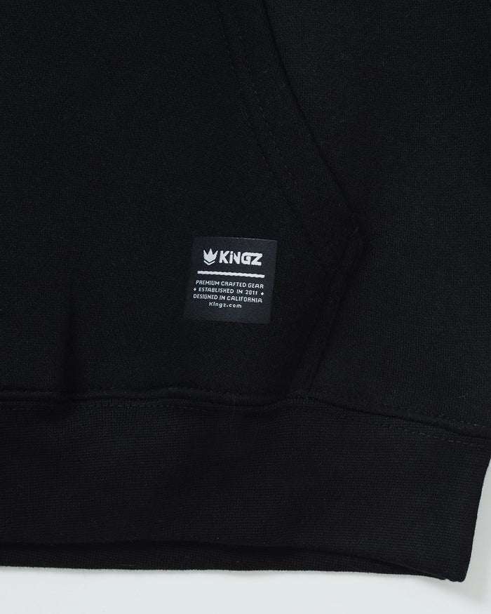 Kingz Jiu Jitsu Culture Youth Hoodie - Label Detail - Woven Kingz Patch and Ribbed Hem - Black - Youth BJJ Hoodie [color:Black]