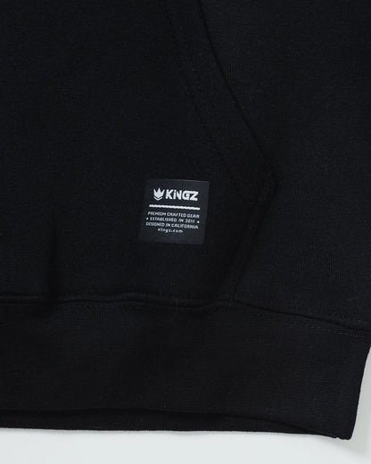Kingz Jiu Jitsu Culture Youth Hoodie - Label Detail - Woven Kingz Patch and Ribbed Hem - Black - Youth BJJ Hoodie [color:Black]