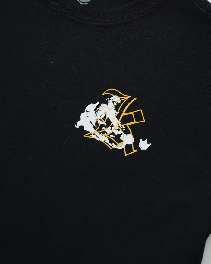 Kingz Jiu Jitsu Culture Youth Tee - Detail Shot - Gold Grappler Chest Graphic Close-up - Black Youth BJJ Tee [color:Black]