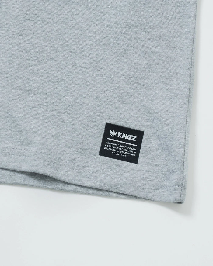 Kingz Jiu Jitsu Culture Youth Tee - Tag View - Kingz Woven Hem Label Close-up - Light Gray Youth BJJ Tee [color:Light Gray]