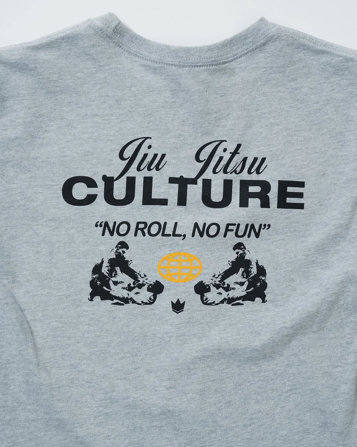 Kingz Jiu Jitsu Culture Youth Tee - Print Detail - No Roll No Fun Back Graphic Macro - Light Gray Youth BJJ Tee [color:Light Gray]