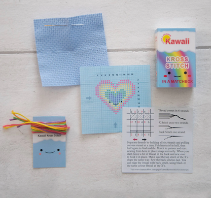 Kawaii Rainbow Heart Mini Cross Stitch Kit In A Matchbox