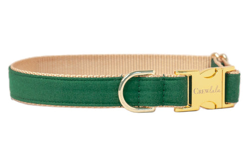 Elegant and durable dog collar by Crew LaLa, crafted with a kelly green fabric exterior, webbed backing for comfort, and luxe metal accents—including a secure clasp engraved with the brand name—for dogs who love to stand out on their daily strolls.