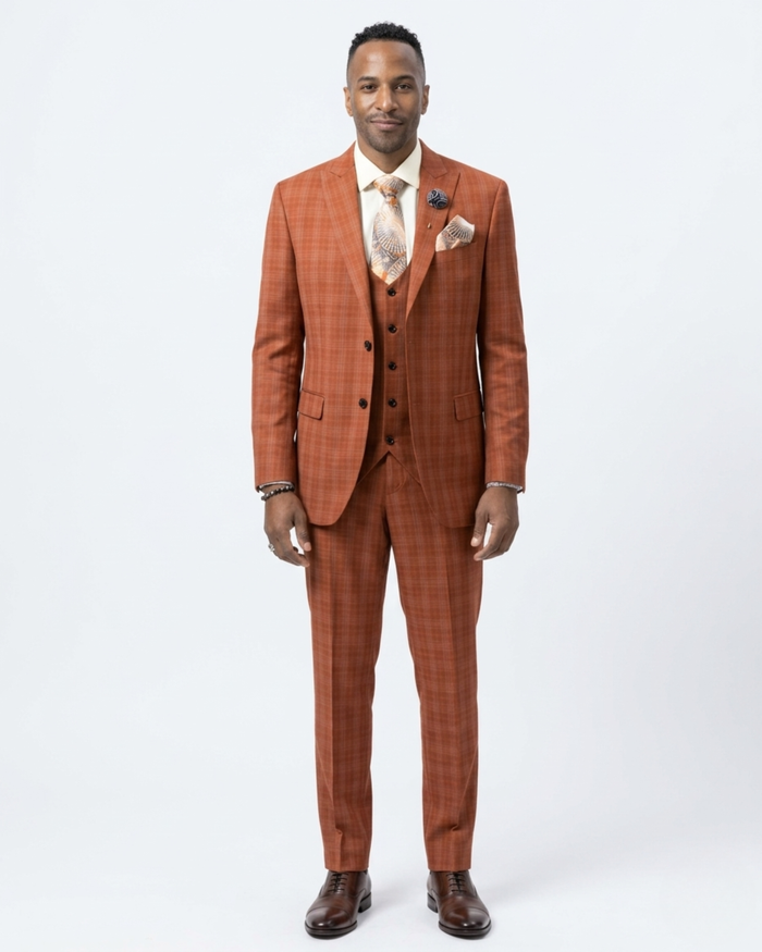 Kent & Park Mens Rust Orange Plaid Classic Fit 3 Piece Suit With Peak Lapels