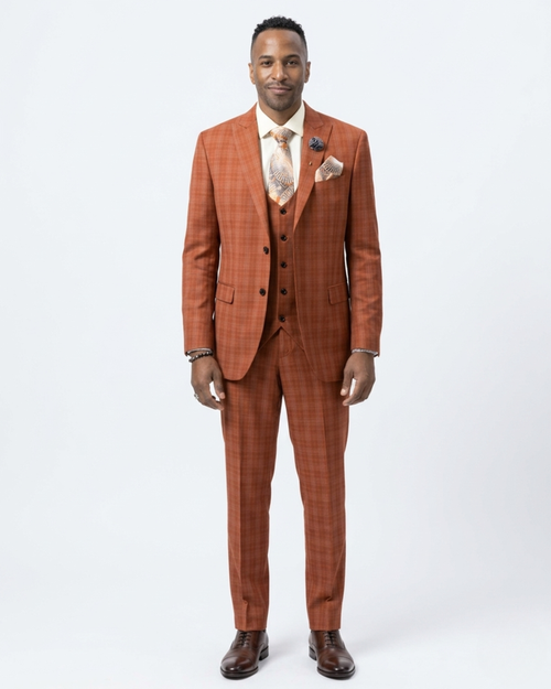 Kent & Park Mens Rust Orange Plaid Classic Fit 3 Piece Suit With Peak Lapels