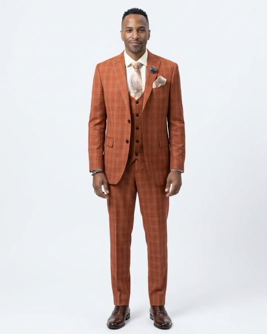 Kent & Park Mens Rust Orange Plaid Classic Fit 3 Piece Suit With Peak Lapels