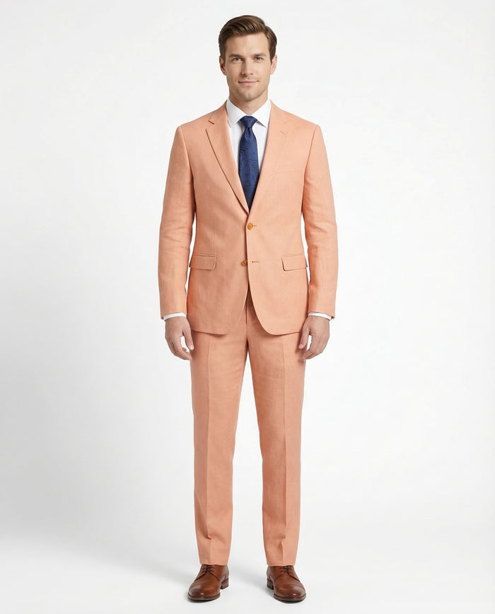Kent & Park Mens Solid Salmon Orange Classic Fit Linen Blend 2 Piece Suit