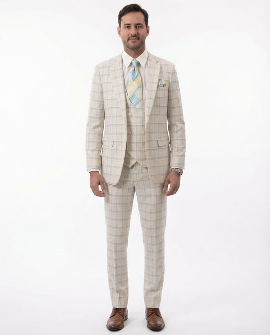 Kent & Park Mens Tan & Teal Plaid Classic Fit 3 Piece Suit