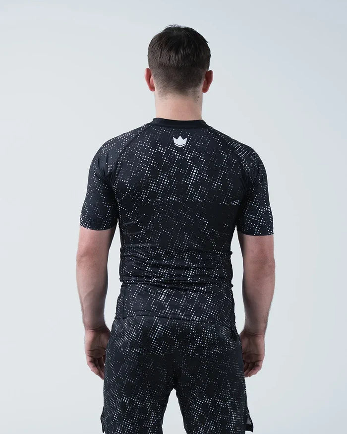 Kingz Acid Wash Rashguard Black - Full Body Straight Back View Male Athlete Short Sleeve Crown Logo Upper Back White Dot Acid Wash Pattern Matching Shorts Compression Fit [color:Black/Acid]