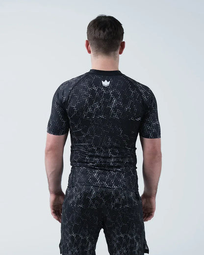 Kingz Acid Wash Rashguard Black - Full Body Straight Back View Male Athlete Short Sleeve Crown Logo Upper Back White Dot Acid Wash Pattern Matching Shorts Compression Fit [color:Black/Acid]