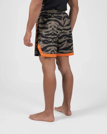 Kingz Always Hunting Shorts Green Camo - Full Body Left-Back Side Profile Male Athlete Tiger Camo Pattern Orange Bold Side Accent Panel Inner Compression Shorts Orange Hem Visible Competition Cut Men's Grappling Shorts No-Gi BJJ [color:Green Camo]