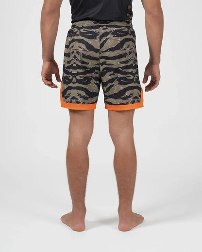 Kingz Always Hunting Shorts Green Camo - Full Body Back View Male Athlete Tiger Camo Pattern Back Orange Inner Compression Shorts Hem Visible Competition Cut Men's Grappling Shorts No-Gi BJJ [color:Green Camo]