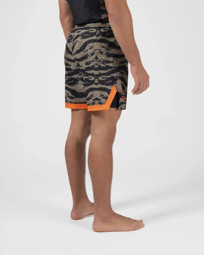 Kingz Always Hunting Shorts Green Camo - Full Body Right-Back Side Profile Male Athlete Tiger Camo Pattern Orange Side Panel Inner Compression Shorts Orange Trim Competition Cut Men's Grappling Shorts No-Gi BJJ [color:Green Camo]