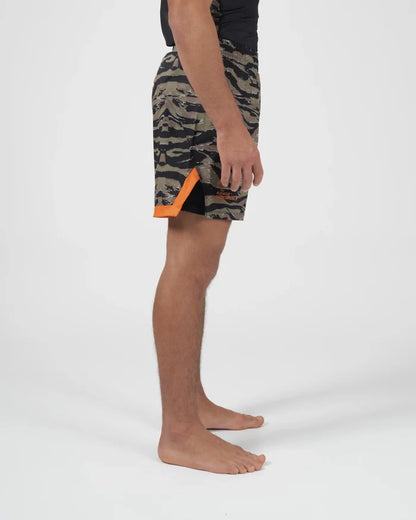 Kingz Always Hunting Shorts Green Camo - Full Body Left Side Profile Male Athlete Tiger Camo Pattern Orange Inner Compression Shorts Hem Visible Competition Cut Men's Grappling Shorts No-Gi BJJ [color:Green Camo]