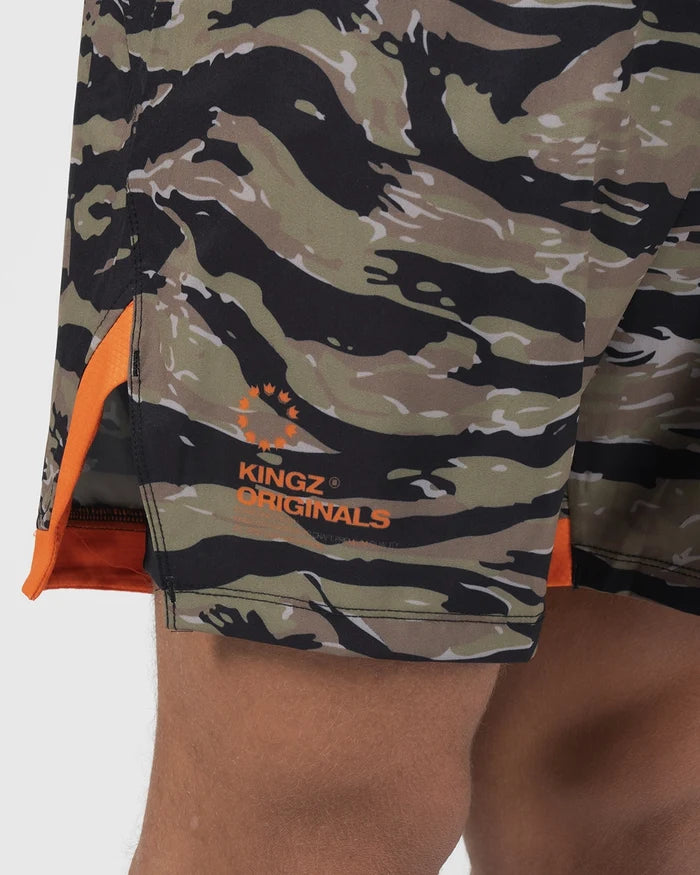 Kingz Always Hunting Shorts Green Camo - Close Up Side Detail KINGZ ORIGINALS Orange Text Badge Crown Logo Right Side Tiger Camo Pattern Orange Side Panel Inner Compression Shorts Orange Fabric Men's Grappling Shorts No-Gi BJJ [color:Green Camo]