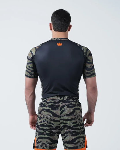 Kingz Always Hunting Rashguard Green Camo - Upper Body Straight Back View Male Athlete Short Sleeve Orange Crown Logo Upper Back Tiger Camo Sleeves Black Back Panel [color:Green Camo]