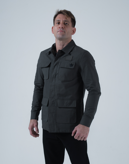 Kingz Born To Rule Canvas Jacket Military Green - Front View Male Athlete Four-Pocket Design Crown Badge Left Chest Flap Pockets Button Closure Tailored Fit Outerwear BJJ Training [color:Military Green]