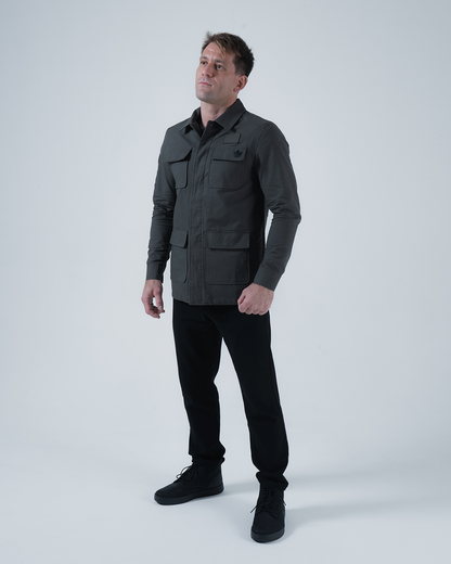 Kingz Born To Rule Canvas Jacket Military Green - Full Body Front View Male Athlete Four Pocket Design Crown Badge Chest Long Sleeve Outerwear BJJ Training [color:Military Green]