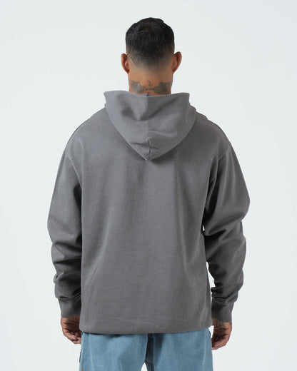 Kingz Box Hoodie - Back View - Model Wearing Plain Back and Hood - Grey - Men's BJJ Streetwear Hoodie [color:Grey]