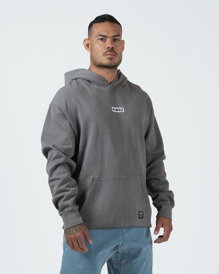 Kingz Box Hoodie - Worn View - Relaxed Fit with Kangaroo Pocket - Grey - Men's BJJ Casual Hoodie [color:Grey]