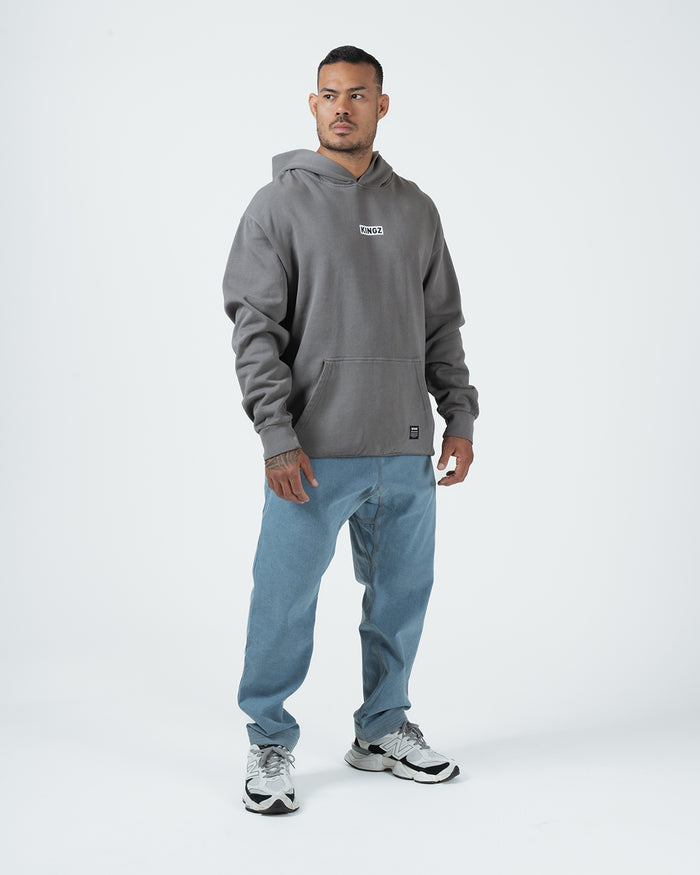 Kingz Box Hoodie - Lifestyle Shot - Full Length Front Streetwear Style - Grey - Men's BJJ Lifestyle Hoodie [color:Grey]