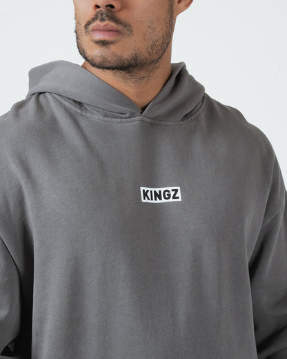 Kingz Box Hoodie - Collar Detail - Close Up Kingz Box Chest Logo Print - Grey - Men's BJJ Hoodie [color:Grey]