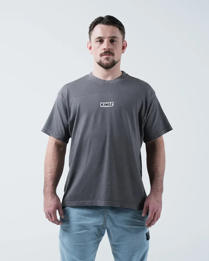 Kingz Box Tee - Front View - Minimalist KINGZ Box Label Chest Logo Pigment Dyed - Grey BJJ T-Shirt [color:Grey]