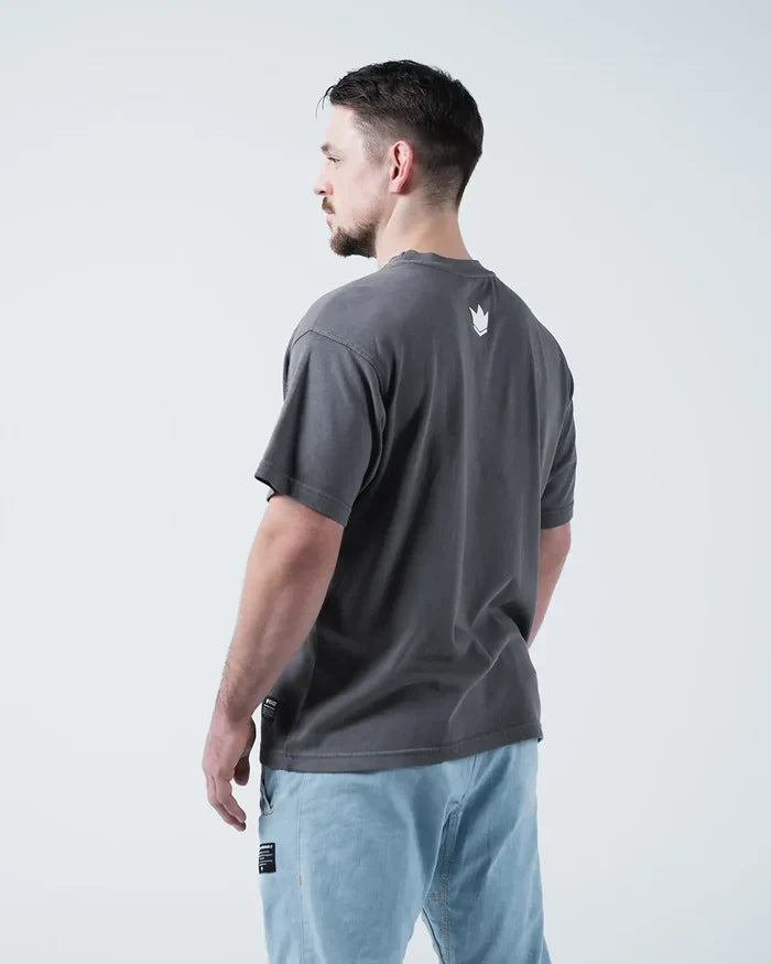 Kingz Box Tee - Back View - Clean Back Crown Logo Minimal Design Pigment Dyed Cotton - Grey BJJ Tee [color:Grey]