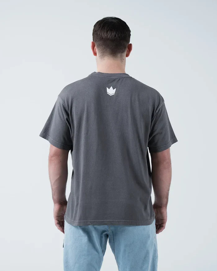 Kingz Box Tee - Back Three Quarter Angle - Kingz Crown Chevron Logo Clean Back Boxy Fit - Grey BJJ Tee [color:Grey]