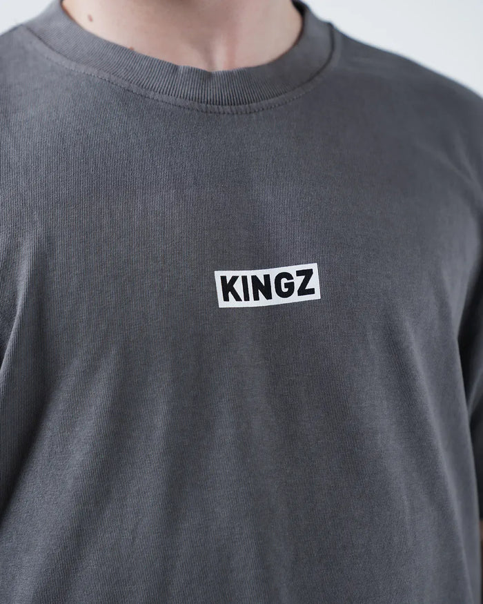 Kingz Box Tee - KINGZ Box Label Macro Closeup - White on Black Minimal Wordmark Chest Detail - Grey BJJ Tee [color:Grey]