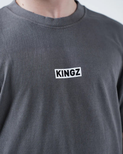 Kingz Box Tee - KINGZ Box Label Macro Closeup - White on Black Minimal Wordmark Chest Detail - Grey BJJ Tee [color:Grey]