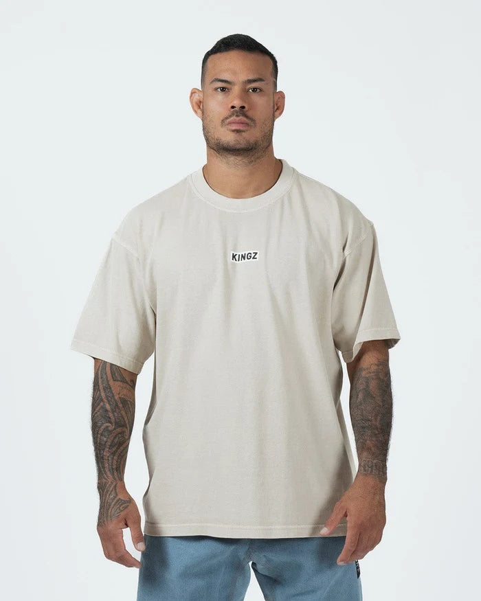 Kingz Box Tee - Front View - Minimalist KINGZ Box Label Chest Pigment Dyed Heavyweight - Natural Tan BJJ Tee [color:Natural]