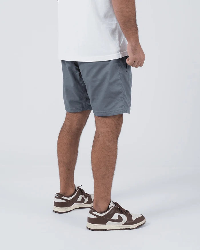 Kingz Casual Gi Shorts Grey Steel Blue-Grey - Full Body Right Side Profile Male Athlete Grey Ripstop Casual Shorts Relaxed Fit Above-Knee White T-Shirt Brown Nike Dunk Sneakers Men's BJJ Lifestyle [color:Grey]
