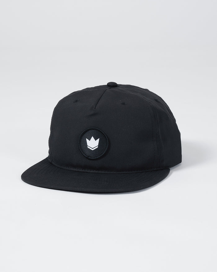 Kingz Crown Patch 5-Panel Strapback Hat Black - Angled View Black Crown Badge Front Panel Adjustable Strap Classic Fit BJJ Grappling Training Hat [color:Black]