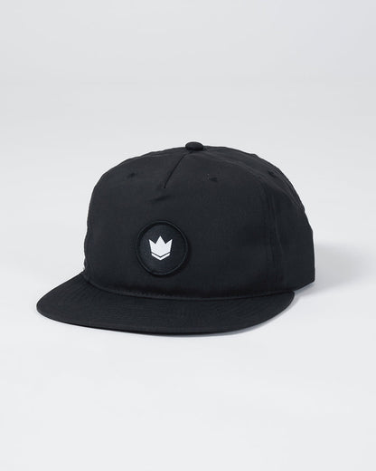 Kingz Crown Patch 5-Panel Strapback Hat Black - Angled View Black Crown Badge Front Panel Adjustable Strap Classic Fit BJJ Grappling Training Hat [color:Black]