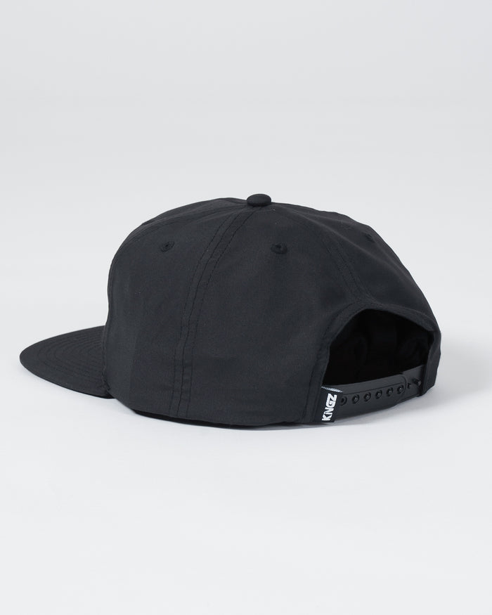 Kingz Crown Patch 5-Panel Strapback Hat - Black - Back View Black Hat Adjustable Strap Kingz Text Logo Side Patch Clean Design BJJ Training Apparel [color:Black]