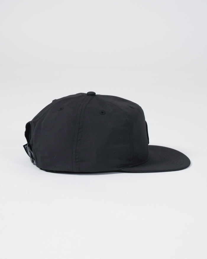 Kingz Crown Patch 5-Panel Strapback Hat Black - Side View Black Hat Subtle Crown Patch Adjustable Strap Minimalist Design Casual BJJ Training Apparel [color:Black]
