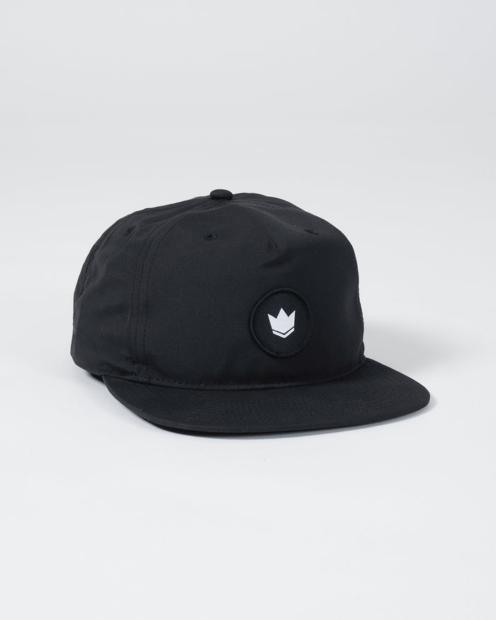 Kingz Crown Patch 5-Panel Strapback Hat - Black - Angled Front View Black Crown Badge Front Panel Flat Brim Adjustable Strapback Casual Style BJJ Training Apparel [color:Black]