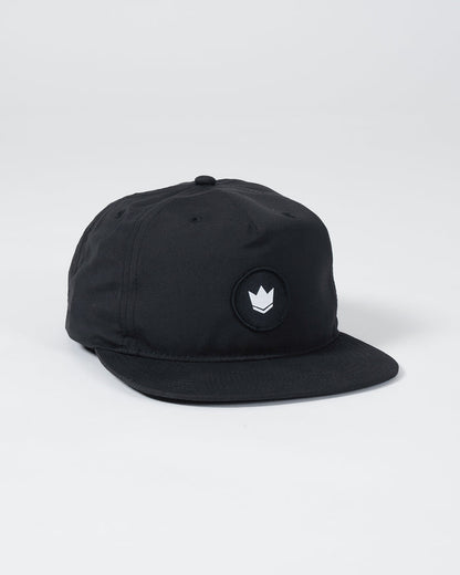 Kingz Crown Patch 5-Panel Strapback Hat - Black - Angled Front View Black Crown Badge Front Panel Flat Brim Adjustable Strapback Casual Style BJJ Training Apparel [color:Black]