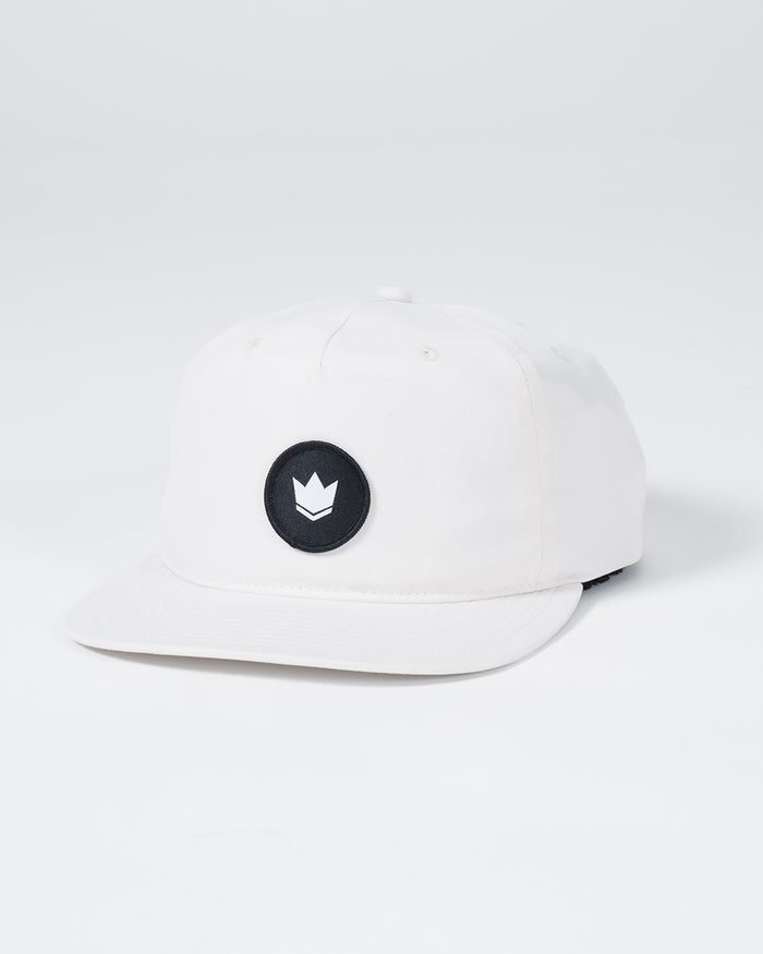 Kingz Crown Patch 5-Panel Strapback Hat White - Angled Front View Black Circular Crown Patch Centered Natural White Fabric Adjustable Strap Casual BJJ Training Hat [color:White]