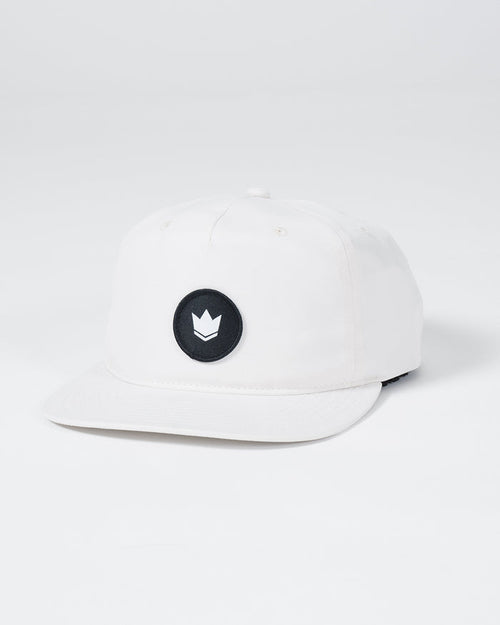 Kingz Crown Patch 5-Panel Strapback Hat White - Angled Front View Black Circular Crown Patch Centered Natural White Fabric Adjustable Strap Casual BJJ Training Hat [color:White]