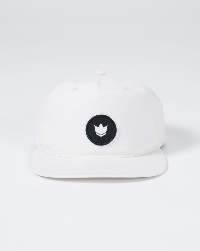 Kingz Crown Patch 5-Panel Strapback Hat White - Front View Black Circle Crown Patch Centered Natural White Fabric Adjustable Strap Casual Wear Hat [color:White]