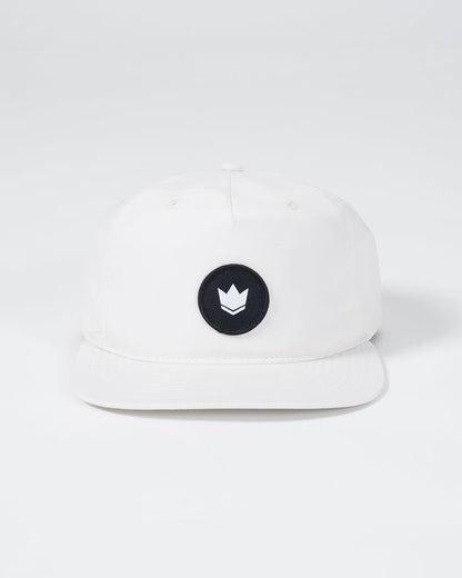 Kingz Crown Patch 5-Panel Strapback Hat White - Front View Black Circle Crown Patch Centered Natural White Fabric Adjustable Strap Casual Wear Hat [color:White]