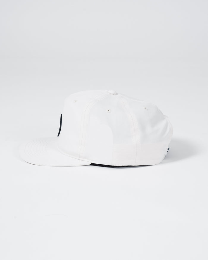 Kingz Crown Patch 5-Panel Strapback Hat - Natural - Side View White Hat Black Crown Patch Ventilation Eyelets Adjustable Strap Casual BJJ Training Apparel [color:White]