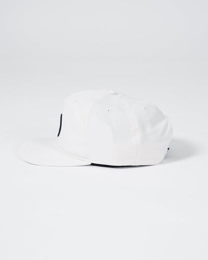 Kingz Crown Patch 5-Panel Strapback Hat - Natural - Side View White Hat Black Crown Patch Ventilation Eyelets Adjustable Strap Casual BJJ Training Apparel [color:White]